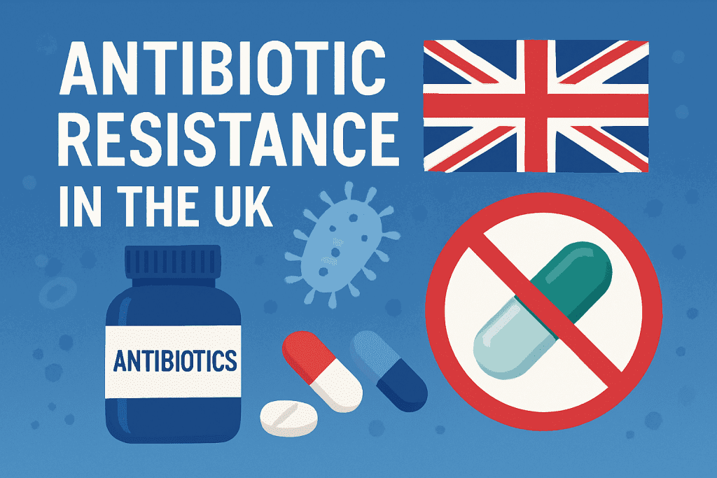 UK map with antibiotic and bacteria icons representing resistance.